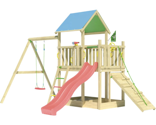 Balançoire simple Cabane de jeux sur pilotis Jungle Gym 451 x 295 bois contenant balançoire à planche,toboggan,poignée,échelle,corde à grimper,drapeau,barreaux,télescope,bac à sable,volant toboggan rouge Tour de jeux en bois avec balançoire, toboggan et mur d''escalade
