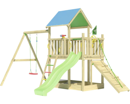 Balançoire simple Cabane de jeux sur pilotis Jungle Gym 451 x 295 bois contenant balançoire à planche,toboggan,poignée,échelle,corde à grimper,drapeau,barreaux,télescope,bac à sable,volant toboggan vert Tour de jeu en bois avec balançoire, toboggan et mur d''escalade