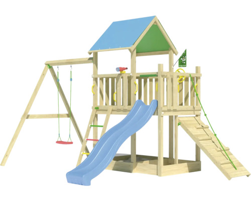 Balançoire simple Cabane de jeux sur pilotis Jungle Gym 451 x 295 bois contenant balançoire à planche,toboggan,poignée,échelle,corde à grimper,drapeau,barreaux,télescope,bac à sable,volant toboggan bleu Tour de jeu en bois avec balançoire, toboggan, échelle et mur d''escalade pour le jardin