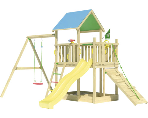 Balançoire simple Cabane de jeux sur pilotis Jungle Gym 451 x 295 bois contenant balançoire à planche,toboggan,poignée,échelle,corde à grimper,drapeau,barreaux,télescope,bac à sable,volant toboggan jaune Tour de jeux en bois avec balançoire, toboggan et structure d''escalade