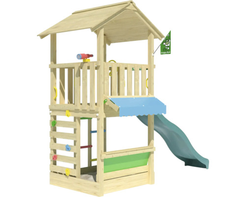 Cabane de jeux sur pilotis Jungle Gym 311 x 157 bois contenant drapeau,échelle,volant,télescope,pierres d'escalade,bac à sable,toboggan,jeu de la marchande,poignée toboggan vert foncé Tour de jeu avec toboggan, mur d''escalade et plateforme d''observation pour enfants