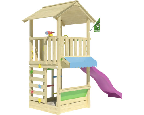Cabane de jeux sur pilotis Jungle Gym 311 x 157 bois contenant drapeau,échelle,volant,télescope,pierres d'escalade,bac à sable,toboggan,jeu de la marchande,poignée toboggan fuchsia Tour de jeu en bois avec toboggan, mur d''escalade et cabane de jeu