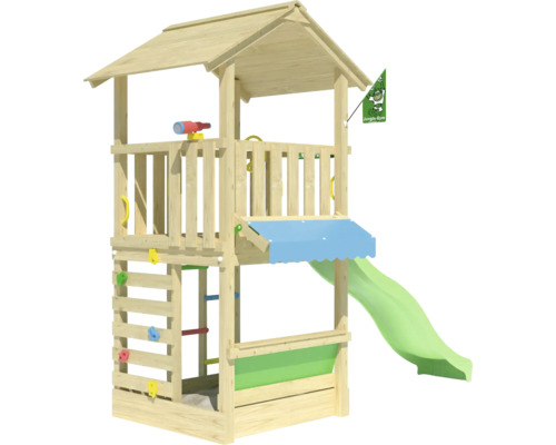 Cabane de jeux sur pilotis Jungle Gym 311 x 157 bois contenant drapeau,échelle,volant,télescope,pierres d'escalade,bac à sable,toboggan,jeu de la marchande,poignée toboggan vert Tour de jeux en bois avec toboggan, mur d''escalade et bac à sable