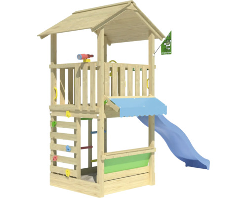 Cabane de jeux sur pilotis Jungle Gym 311 x 157 bois contenant drapeau,échelle,volant,télescope,pierres d'escalade,bac à sable,toboggan,jeu de la marchande,poignée toboggan bleu Tour de jeu en bois avec toboggan, mur d''escalade et poste d''observation