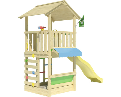 Cabane de jeux sur pilotis Jungle Gym 311 x 157 bois contenant drapeau,échelle,volant,télescope,pierres d'escalade,bac à sable,toboggan,jeu de la marchande,poignée toboggan jaune Tour de jeux en bois avec toboggan, mur d''escalade et logo Jungle Gym