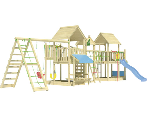 Cabane de jeux sur pilotis avec balançoire double Jungle Gym 954 x 342 bois toboggan bleu