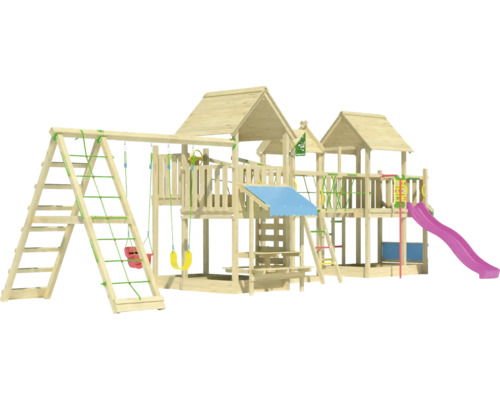 Cabane de jeux sur pilotis avec balançoire double Jungle Gym 954 x 342 bois toboggan fuchsia
