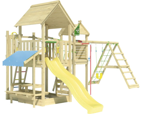 Cabane de jeux sur pilotis avec balançoire double Jungle Gym 652 x 464 bois toboggan jaune