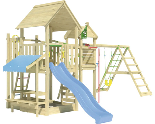 Cabane de jeux sur pilotis avec balançoire double Jungle Gym 652 x 464 bois toboggan bleu
