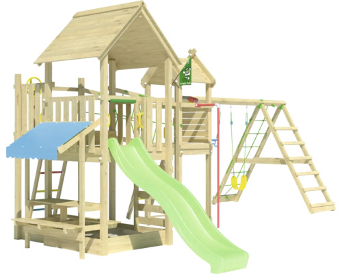 Cabane de jeux sur pilotis avec balançoire double Jungle Gym 652 x 464 bois toboggan vert