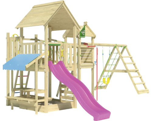 Cabane de jeux sur pilotis avec balançoire double Jungle Gym 652 x 464 bois toboggan fuchsia
