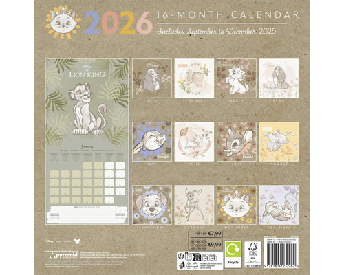 16-Monatskalender mit Disney-Motiven, Laufzeit von September 2025 bis Dezember 2026