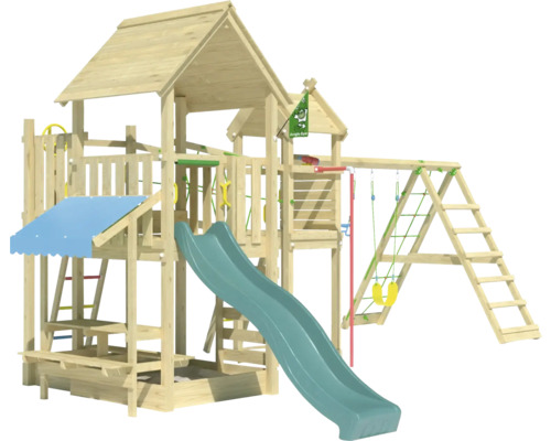 Cabane de jeux sur pilotis avec balançoire double Jungle Gym 652 x 464 bois toboggan vert foncé