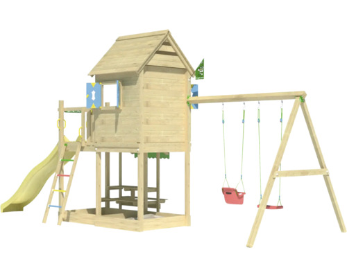Cabane de jeux sur pilotis avec balançoire double Jungle Gym 678 x 265 bois toboggan jaune