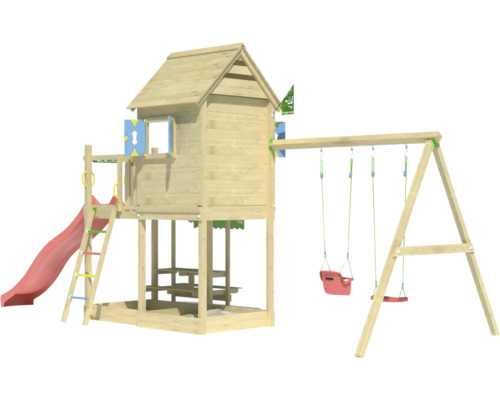 Cabane de jeux sur pilotis avec balançoire double Jungle Gym 678 x 265 bois toboggan rouge