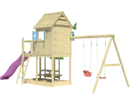 Cabane de jeux sur pilotis avec balançoire double Jungle Gym 678 x 265 bois toboggan fuchsia