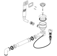 Explosionszeichnung eines Spülbeckenablauf-Garnitur-Sets mit diversen Rohren, Dichtungen und einem Siebkorbventil