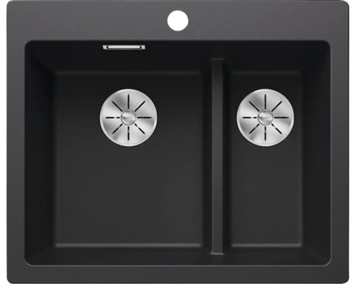 Évier noir avec deux cuves et bondes