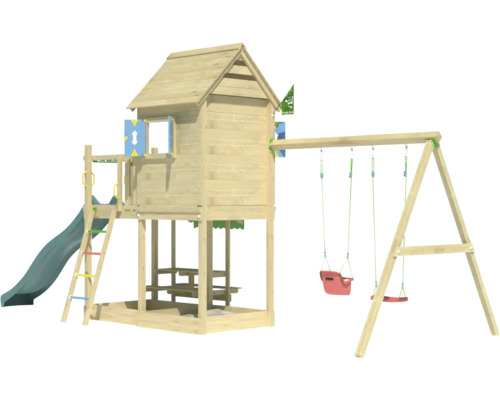 Cabane de jeux sur pilotis avec balançoire double Jungle Gym 678 x 265 bois toboggan vert foncé