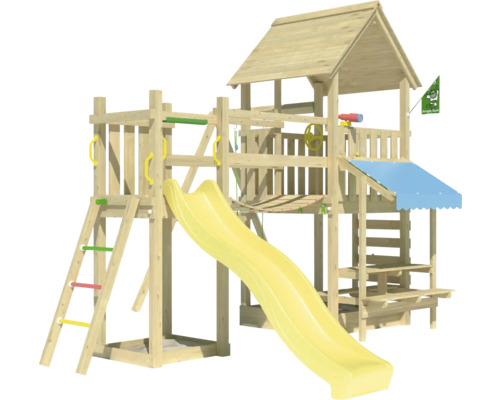 Cabane de jeux sur pilotis avec balançoire Jungle Gym 434 x 479 bois toboggan jaune Aire de jeux avec toboggan, échelle d''escalade et cabane