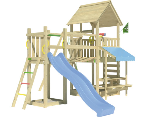 Cabane de jeux sur pilotis avec balançoire Jungle Gym 434 x 479 bois toboggan bleu Aire de jeux en bois avec toboggan et tour de jeux