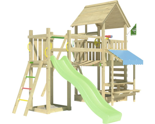 Cabane de jeux sur pilotis avec balançoire Jungle Gym 434 x 479 bois toboggan vert Tour de jeu en bois avec toboggan, échelle, échelle de corde et toit