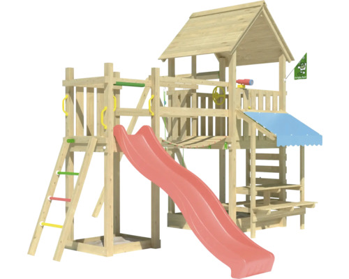 Cabane de jeux sur pilotis avec balançoire Jungle Gym 434 x 479 bois toboggan rouge Aire de jeux avec toboggan en bois