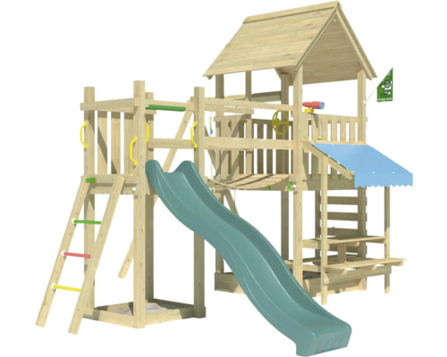 Cabane de jeux sur pilotis avec balançoire Jungle Gym 434 x 479 bois toboggan vert foncé