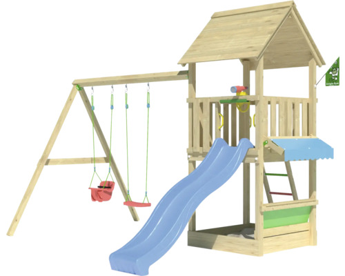 Cabane de jeux sur pilotis avec balançoire double Jungle Gym 383 x 347 bois toboggan bleu