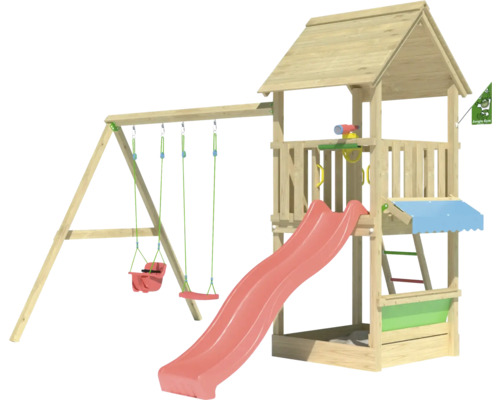 Cabane de jeux sur pilotis avec balançoire double Jungle Gym 383 x 347 bois toboggan rouge