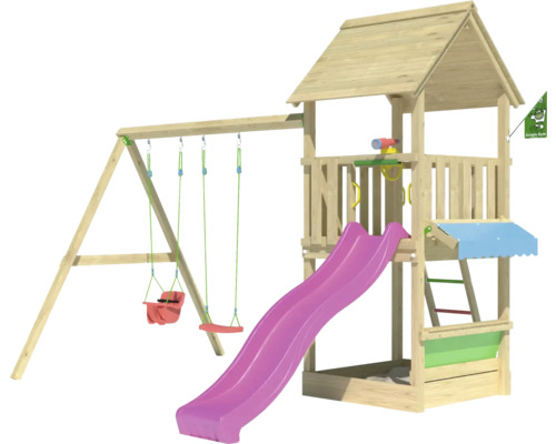 Cabane de jeux sur pilotis avec balançoire double Jungle Gym 383 x 347 bois toboggan fuchsia
