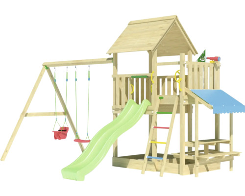 Cabane de jeux sur pilotis avec balançoire double Jungle Gym 476 x 306 bois toboggan vert