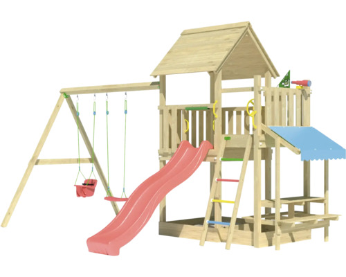 Cabane de jeux sur pilotis avec balançoire double Jungle Gym 476 x 306 bois toboggan rouge