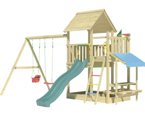 Cabane de jeux sur pilotis avec balançoire double Jungle Gym 476 x 306 bois toboggan vert foncé