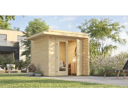 Gartenhaus weka Amberley 19 mm 289 x 289 cm natur Modernes Gartenhaus aus Holz mit Glastüren auf Rasenfläche