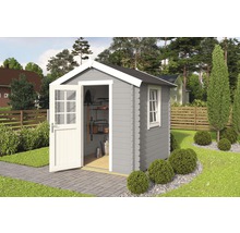 Graues Gartenhaus mit geöffneter Tür und Gartengeräten im Inneren.