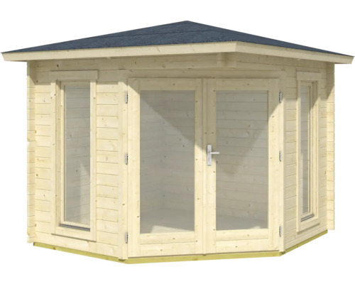 Gartenhaus aus Holz mit Fenstern und Doppeltür