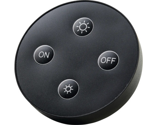 Télécommande noire avec boutons pour allumer, éteindre et régler la luminosité.