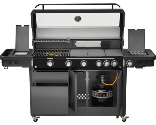 Gasgrill mit offener Haube und Gasflasche