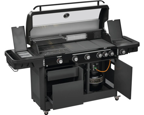 Schwarzer Gasgrill mit mehreren Brennern, Seitentischen und Stauraum für Gasflasche.