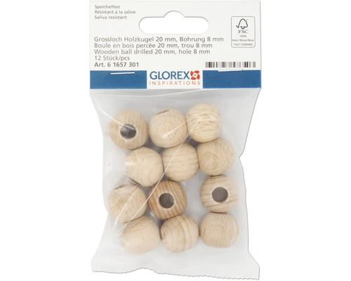 Paquet de douze boules en bois, 20 millimètres de diamètre, trou de 8 millimètres