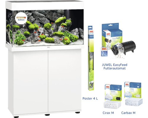 Aquariumkombination Juwel Rio 125 LED SBX mit LED-Beleuchtung, Heizer, Filter und Unterschrank weiß + inkl. Futterautomat, Rückwandfolie, Filtermedien Cirax und Carabax Komplettes Aquarium Set mit Unterschrank, Futterautomat, Poster und Filtermedien
