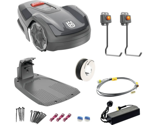 Husqvarna Mähroboter mit Ladestation, Begrenzungskabel, Haken, Verbinder, Messwerkzeug, Wandhalterung und Netzteil