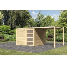 Abri de jardin en bois avec porte coulissante et auvent dans le jardin