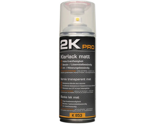 Peinture aérosol 2K PRO mat vernis incolore 400 ml Vernis transparent mat 2K Pro en aérosol offrant une résistance élevée aux rayures, une excellente résistance à l''essence et aux solvants ainsi qu''aux UV et aux intempéries.