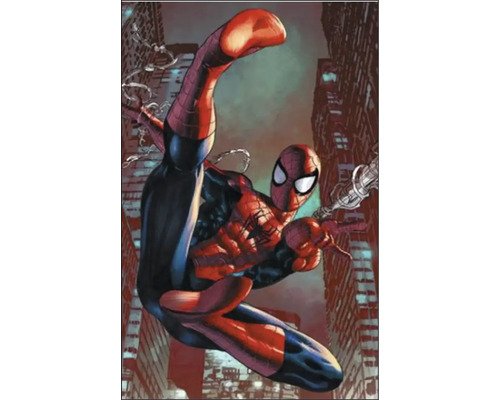 Comic-Illustration von Spider-Man vor einem Stadthintergrund.