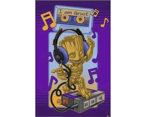 Illustration von Groot mit Kopfhörern, Kassettenrekorder und Musikkassette