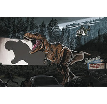 Scène avec un Tyrannosaurus Rex, un cinéma en plein air, un hélicoptère et des personnes en fuite