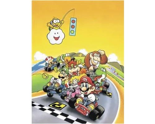 Illustration verschiedener Charaktere aus dem Videospiel Mario Kart beim Go-Kart-Fahren auf einer Rennstrecke