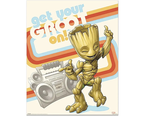 Poster mit Groot Motiv vor einem Ghettoblaster und dem Schriftzug Hol deine Wurzel raus!